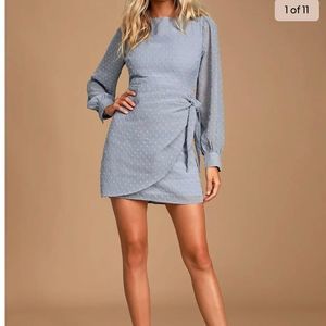 COPY - lulus Light Blue Swiss Dot Long Sleeve Tie-Front Mini Dress size small